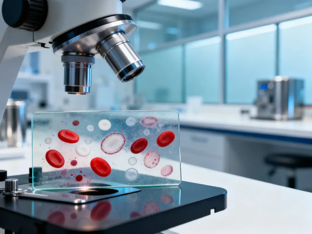 Mikroskopowy obraz rozmazu krwi w profesjonalnym laboratorium medycznym, wykorzystywany do analizy parametrów morfologii.