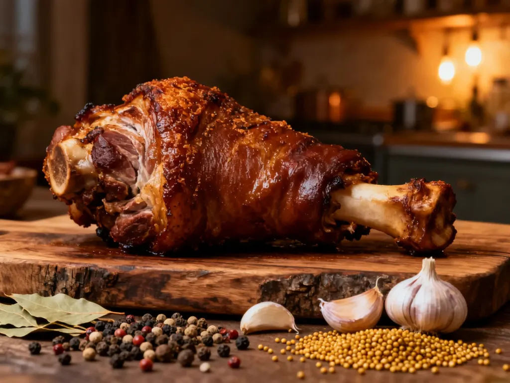 Pieczona golonka z chrupiącą skórką podana na drewnianej desce w otoczeniu aromatycznych przypraw.