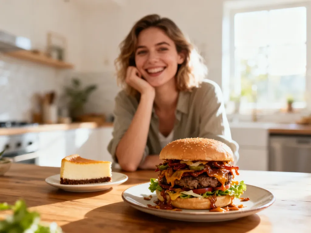 Uśmiechnięta kobieta siedzi przy stole z apetycznym burgerem i sernikiem, celebrując posiłek w ramach cheat day.