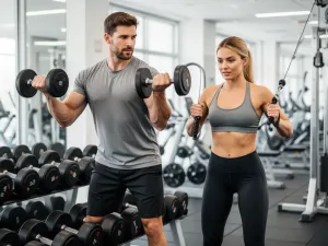 Kobieta biegnąca na bieżni i mężczyzna ćwiczący aerobowo w nowoczesnej siłowni, przykład treningu cardio.