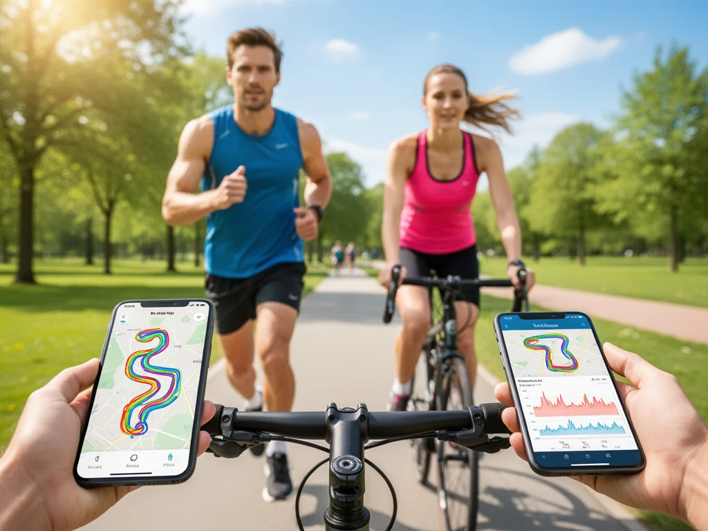 Biegacz i rowerzystka w parku śledzą trening w aplikacji Strava na smartfonach z widoczną trasą GPS i tempem.
