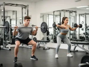 Kobieta biegnąca na bieżni i mężczyzna ćwiczący aerobowo w nowoczesnej siłowni, przykład treningu cardio.