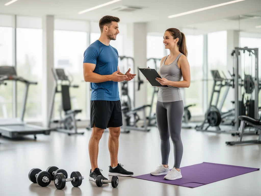 Trener personalny rozmawia z klientką na siłowni, co ilustruje pracę trenera i atmosferę kursu trenerskiego