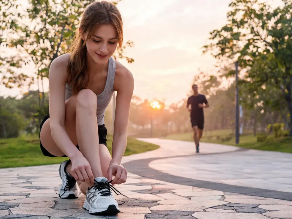 Młoda kobieta wiąże buty do biegania o świcie w parku, przygotowując się do pierwszego treningu joggingowego.