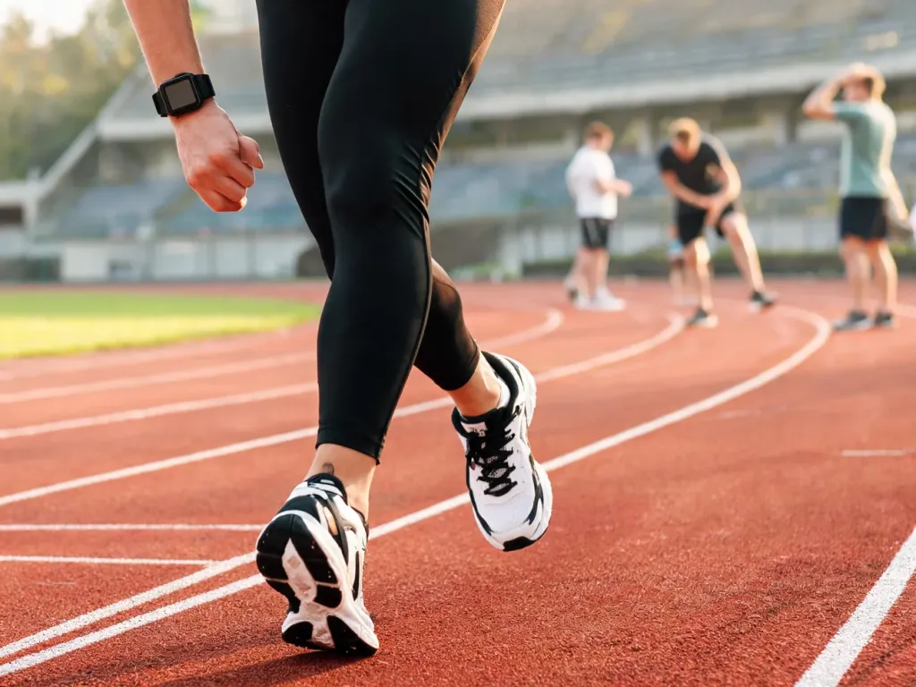 Biegacz na bieżni sprawdza czas na sportowym zegarku, symbolizując analizę tempa i poprawę wyników biegowych.