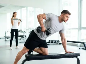 Kobieta w jasnym studio fitness wykonuje spokojne rozciąganie nóg na macie, podkreślając relaks i korzyści ze stretchingu.