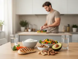Para planująca trening w domowej siłowni, notatnik, telefon z apką fitness i hantle jako elementy planu ćwiczeń