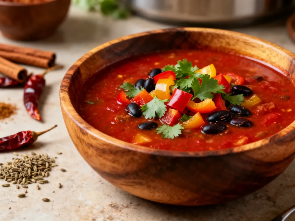 Miska meksykańskiej zupy z fasolą i papryką, otoczona przyprawami takimi jak chili, kumin i cynamon.