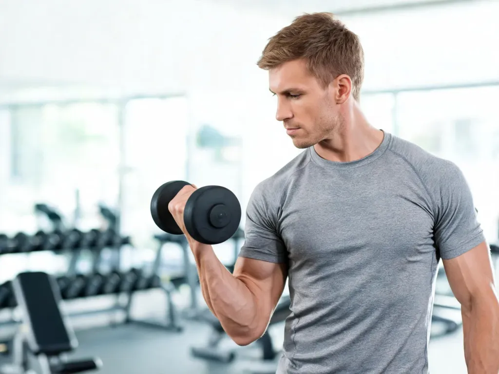 Mężczyzna na siłowni wykonuje uginanie ramion z hantlami, prezentując prawidłową technikę ćwiczeń na biceps.