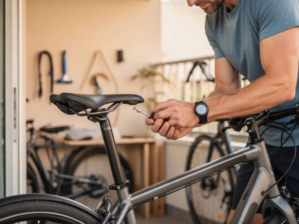 Mężczyzna luzuje obejmę siodełka miejskiego roweru małym kluczem, pokazując regulację wysokości siodełka.