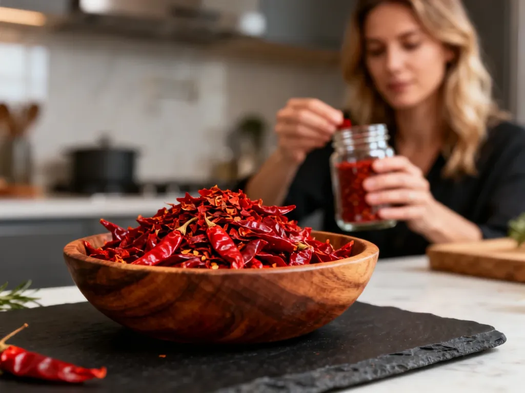 Suszone płatki chili peperoncino w drewnianej miseczce na ciemnym tle, w tle rozmyta postać w kuchni.