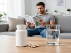 Mężczyzna w średnim wieku z niepokojem patrzy na rozsypane tabletki trenbolonu obok szklanki wody na biurku