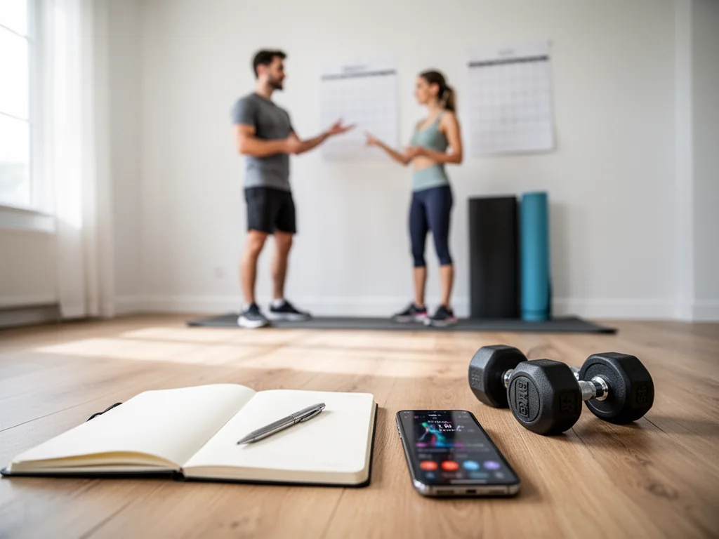 Para planująca trening w domowej siłowni, notatnik, telefon z apką fitness i hantle jako elementy planu ćwiczeń