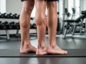 Kobieta w domu wykonuje unoszenie nogi w leżeniu bokiem, ćwicząc mięsień pośladkowy średni na macie do jogi.