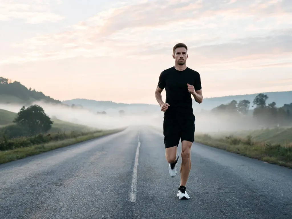 Samotny biegacz na pustej szosie o świcie, symbolizujący długi dystans maratonu i wytrwałe przygotowania.