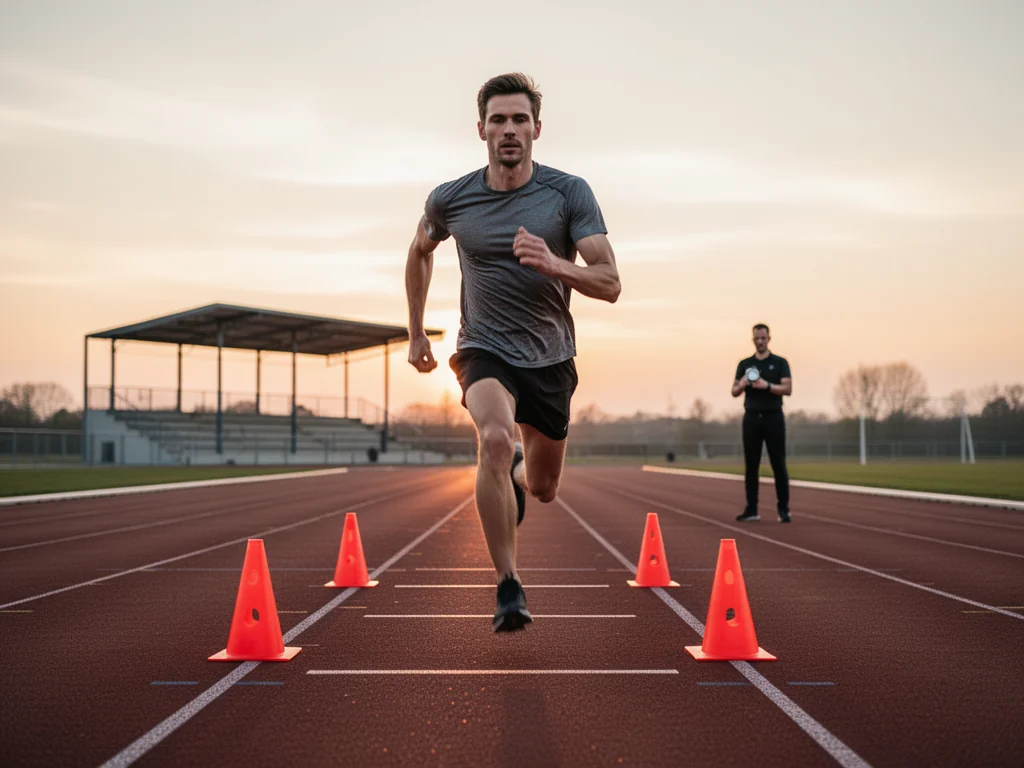 Mężczyzna wykonuje bieg wahadłowy beep test na bieżni, między pachołkami, trener w tle mierzy czas, ocena kondycji.
