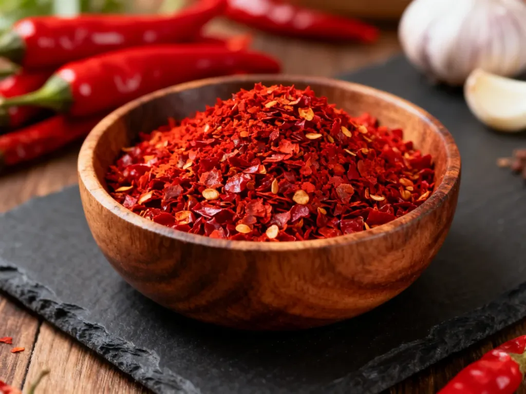 Czerwone płatki chili gochugaru w drewnianej miseczce na ciemnym tle, otoczone świeżymi papryczkami i czosnkiem.