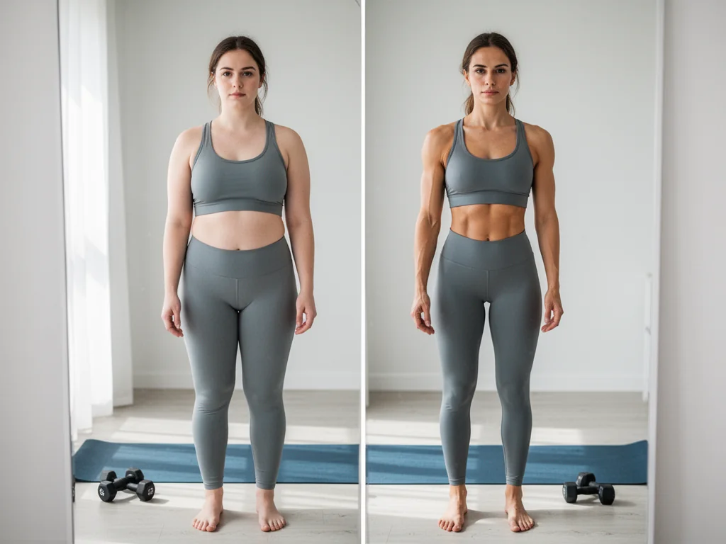 Młoda kobieta widzi w lustrze różnicę między sylwetką skinny fat a wysportowaną, podkreślając efekty treningu i zmian nawyków