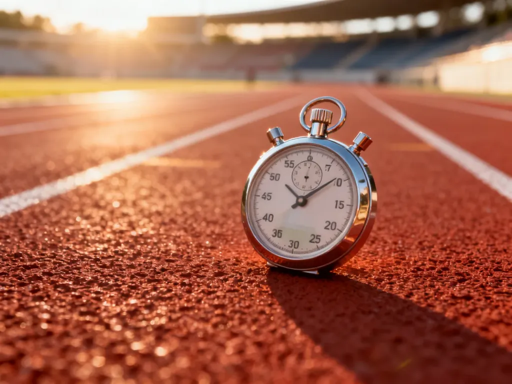 Stoper leżący na bieżni lekkoatletycznej, odmierzający czas treningu biegowego w promieniach porannego słońca.