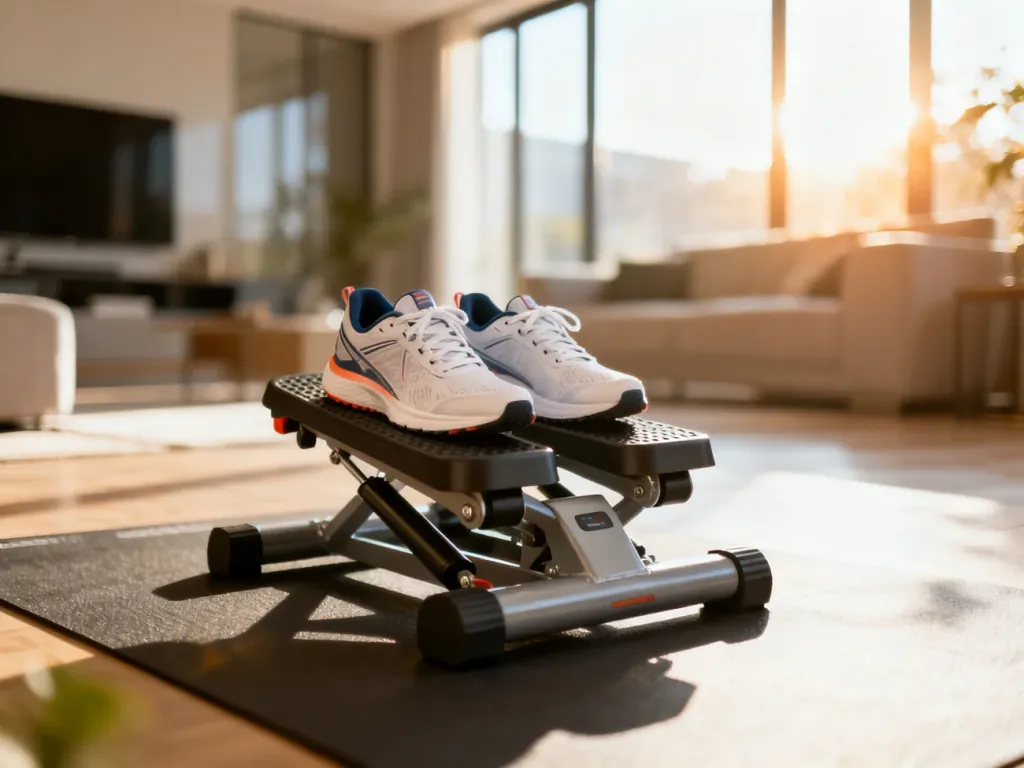 Profesjonalny stepper fitness z butami sportowymi w jasnym, minimalistycznym wnętrzu domowej siłowni.