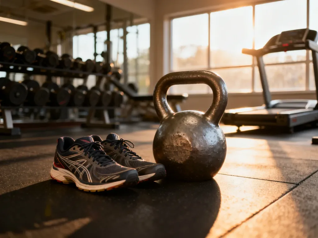Buty do biegania i kettlebell na podłodze siłowni, symbolizujące połączenie treningu cardio z ćwiczeniami siłowymi.