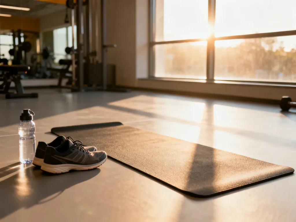 Mata do ćwiczeń, buty sportowe i butelka wody w słonecznej sali fitness, przygotowane do treningu mięśni brzucha.