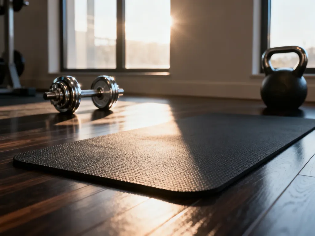 Minimalistyczna przestrzeń do ćwiczeń z matą fitness i hantlami, przygotowana do treningu mięśni brzucha.