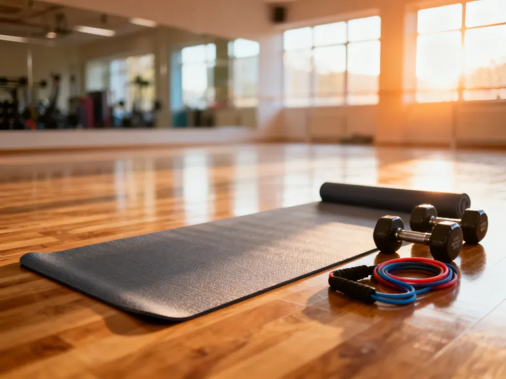 Mata do ćwiczeń, hantle i gumy oporowe przygotowane na podłodze w jasnym, nowoczesnym studiu fitness.