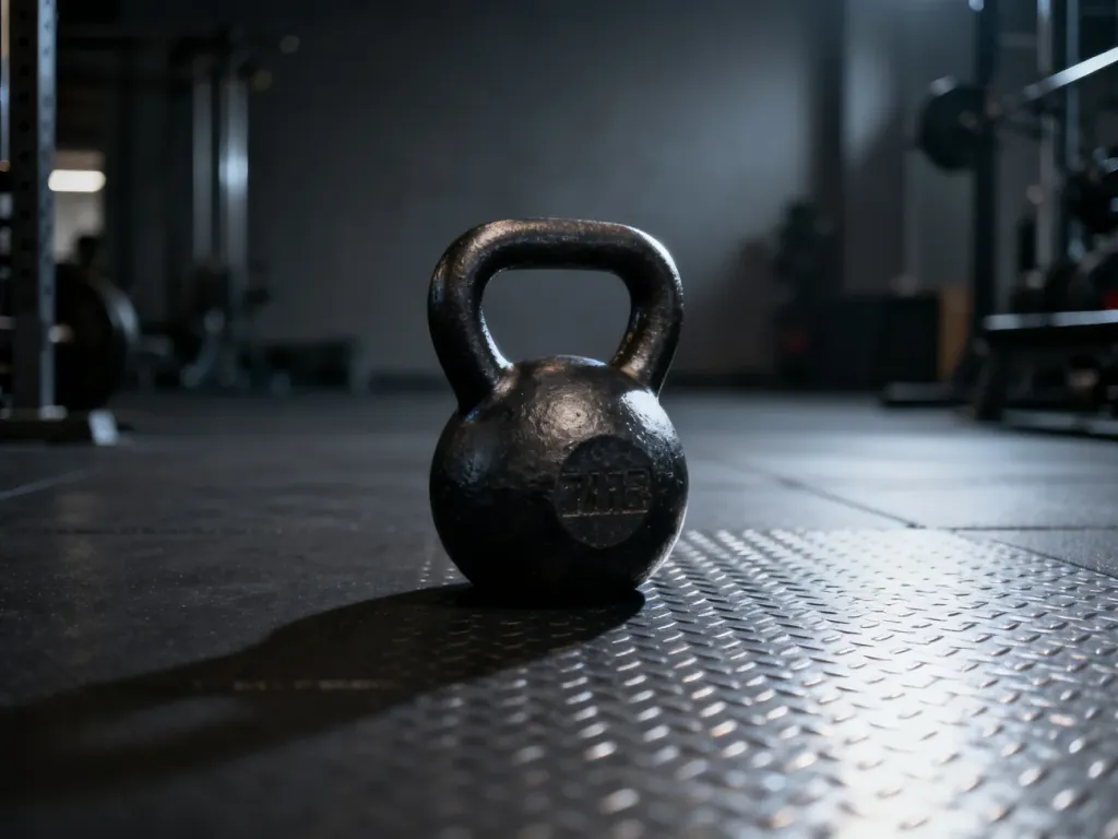 Żeliwny odważnik kettlebell ustawiony na ciemnej podłodze w profesjonalnym studiu fitness.