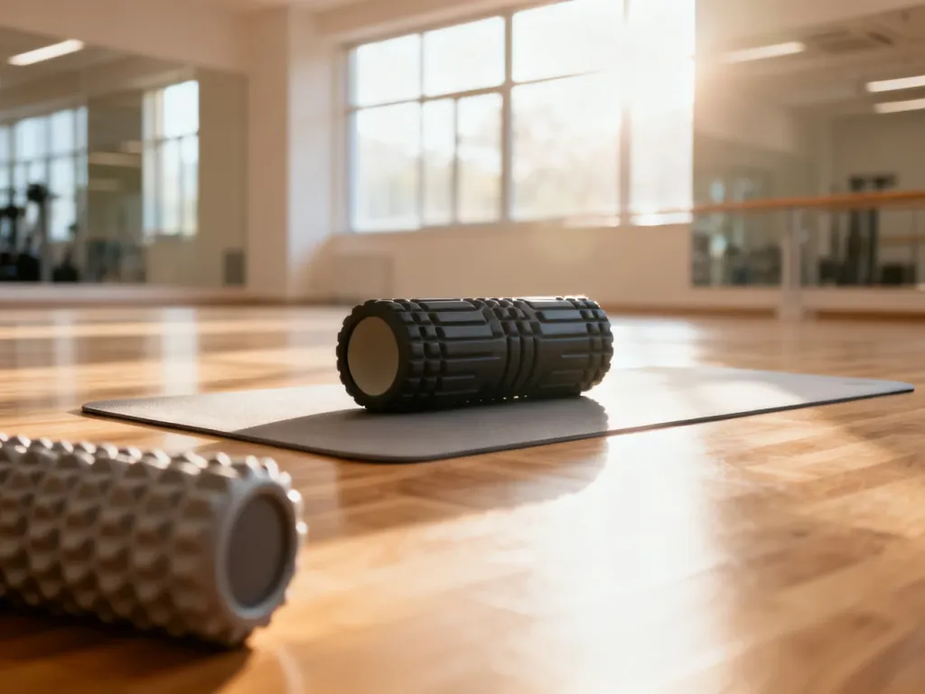 Profesjonalny wałek do masażu mięśni leżący na macie do jogi w jasnym, minimalistycznym studiu fitness.