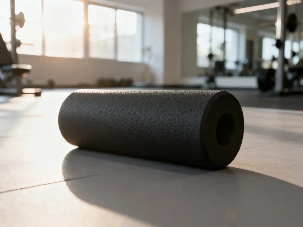 Wałek do masażu (roller) leżący na podłodze w nowoczesnym studio fitness, przygotowany do ćwiczeń rozluźniających mięśnie.