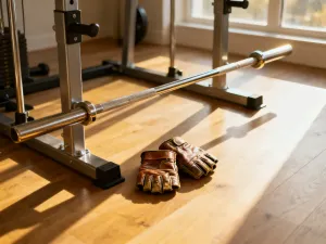 Profesjonalny roller do masażu mięśni leżący na drewnianej podłodze w minimalistycznym studiu fitness.