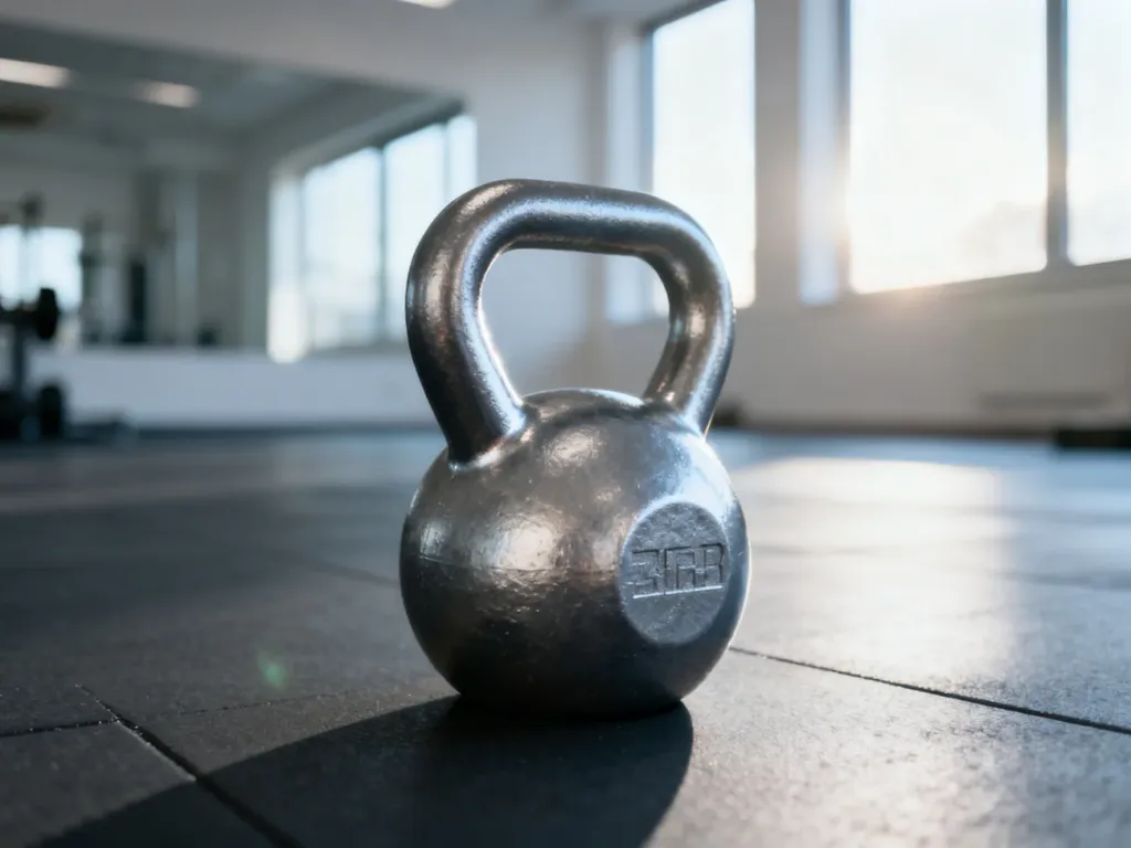 Stalowy kettlebell na podłodze w nowoczesnej siłowni, gotowy do treningu przysiadów.