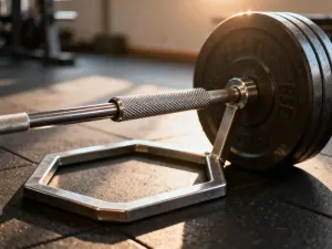 Stalowy kettlebell na podłodze w nowoczesnej siłowni, gotowy do treningu przysiadów.