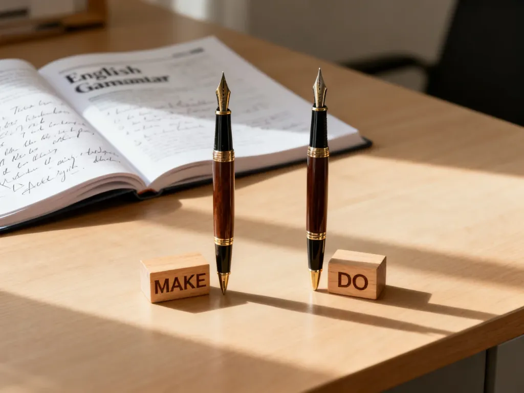 Dwa pióra wieczne leżące obok drewnianych klocków z napisami „MAKE” i „DO” na tle podręcznika do gramatyki angielskiej.