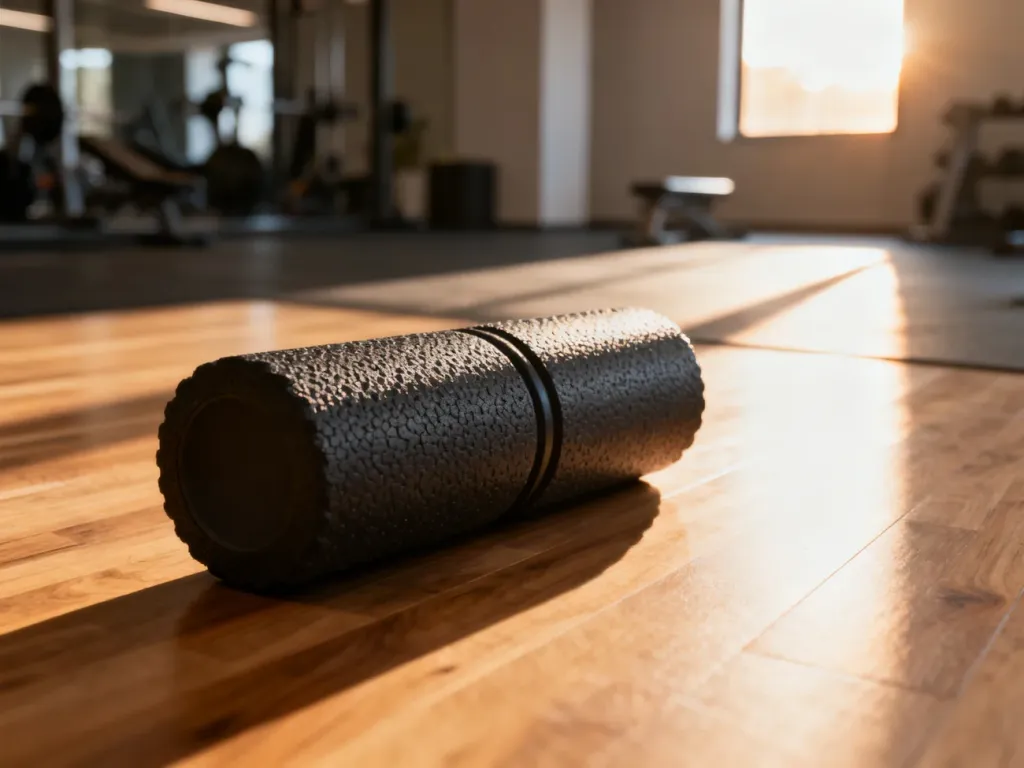 Roller do masażu mięśni leżący na drewnianej podłodze w słonecznym studiu fitness.