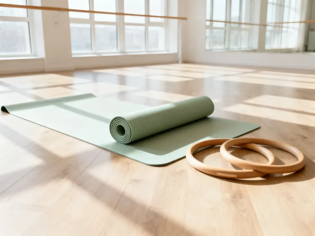 Zrolowana mata do pilatesu i drewniane obręcze na jasnej podłodze w słonecznym, minimalistycznym studio.
