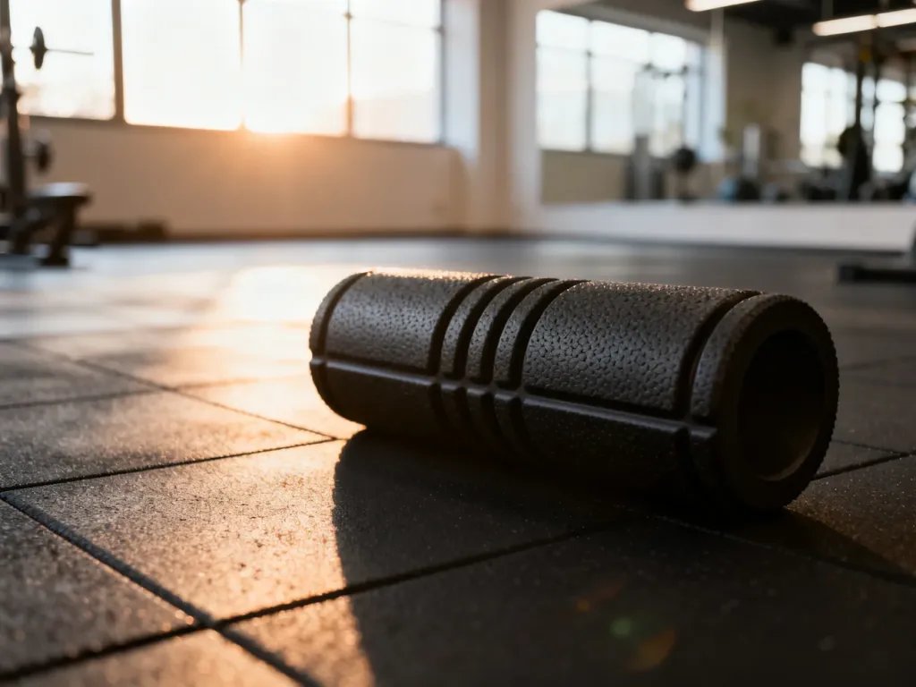 Profesjonalny roller do masażu mięśni leżący na matowej podłodze w nowoczesnym studio fitness.