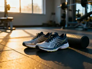 Profesjonalny roller do masażu na podłodze w nowoczesnym studiu fitness, przygotowany do sesji rozciągania.