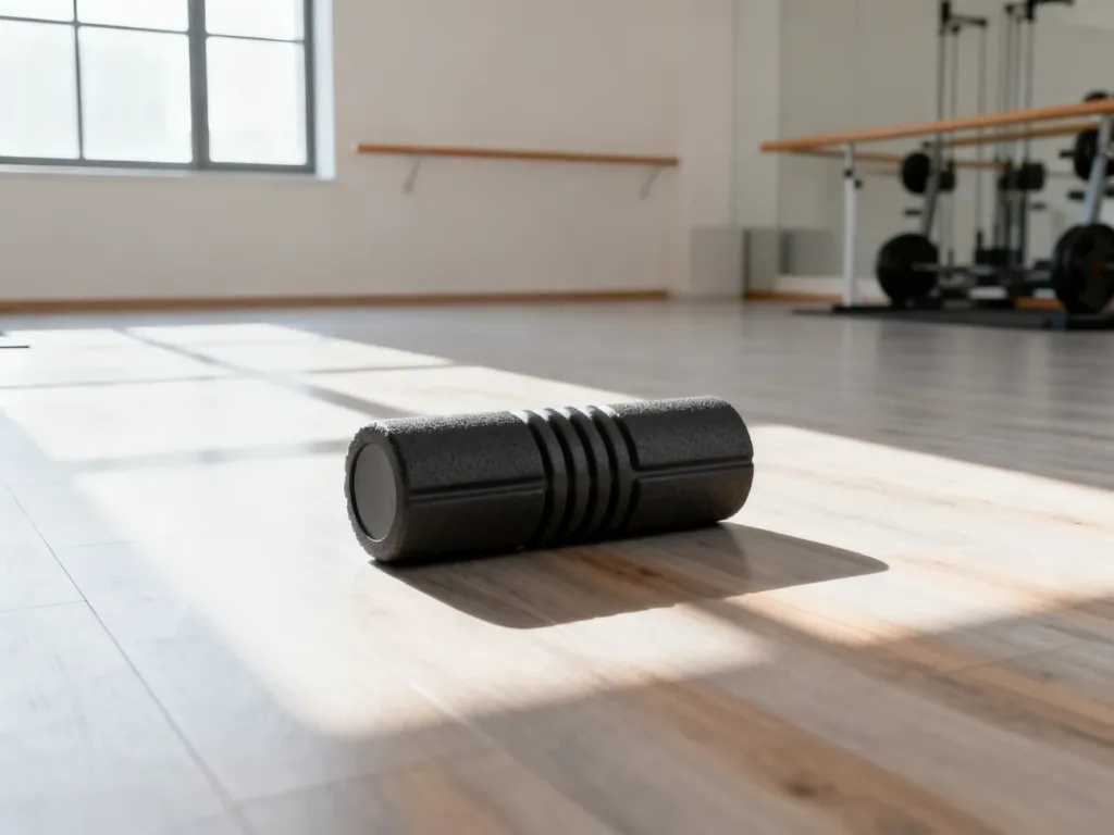 Profesjonalny wałek do masażu leżący na drewnianej podłodze w słonecznym studiu fitness.