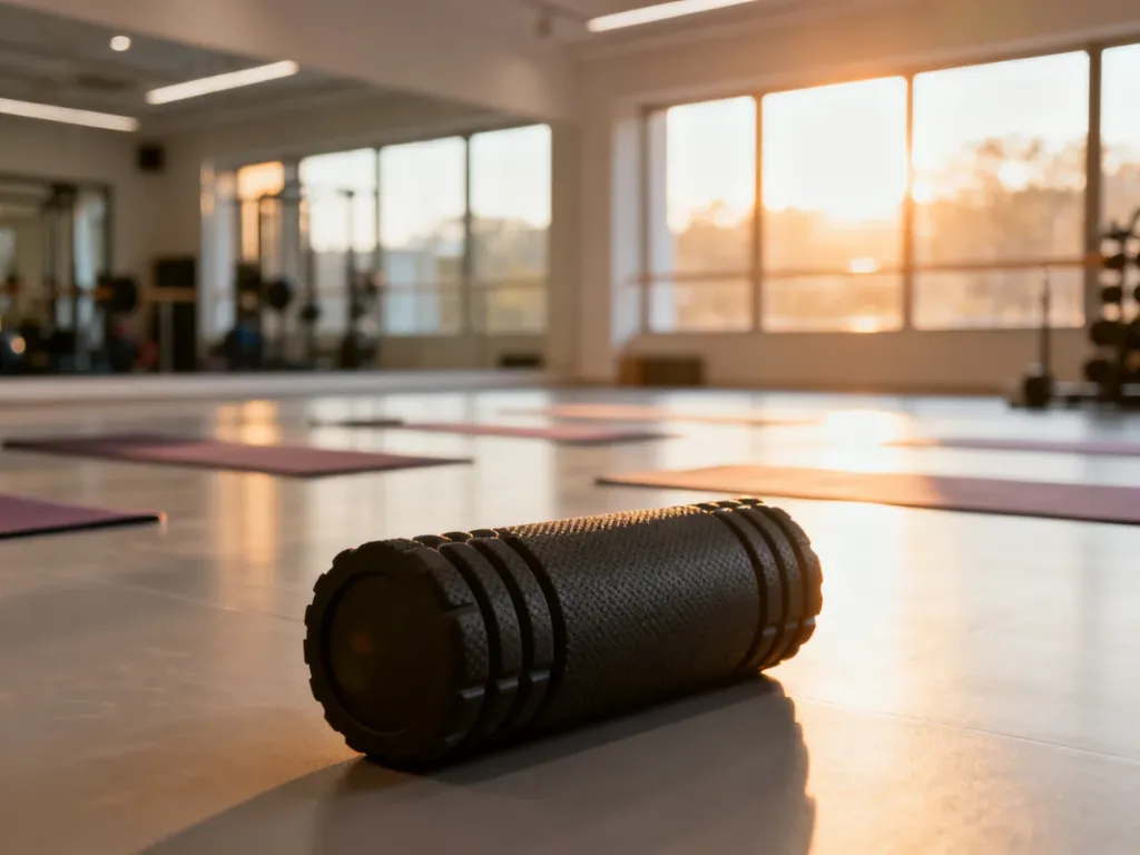 Profesjonalny roller do masażu na podłodze w nowoczesnym studiu fitness, przygotowany do sesji rozciągania.