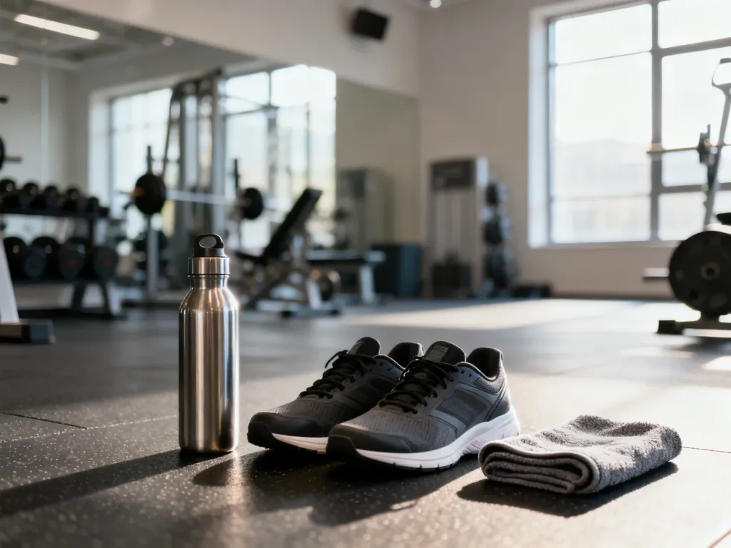 Sportowe buty, bidon i ręcznik na podłodze w nowoczesnej siłowni, gotowe do rozpoczęcia treningu wprowadzającego.