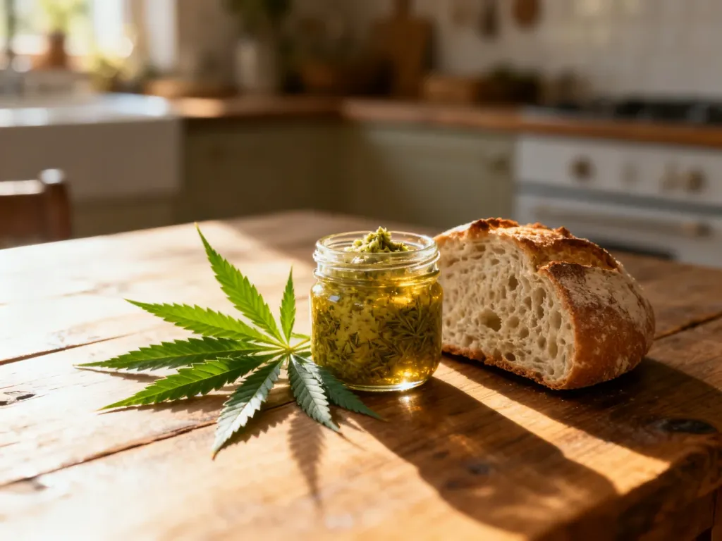 Słoik z masłem konopnym na drewnianym stole obok świeżego pieczywa i liści konopi w słonecznej kuchni.