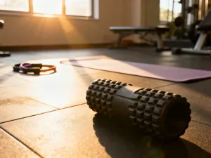 Dwa czarne odważniki kettlebell stojące na gumowej podłodze na siłowni, gotowe do treningu przysiadów sumo.