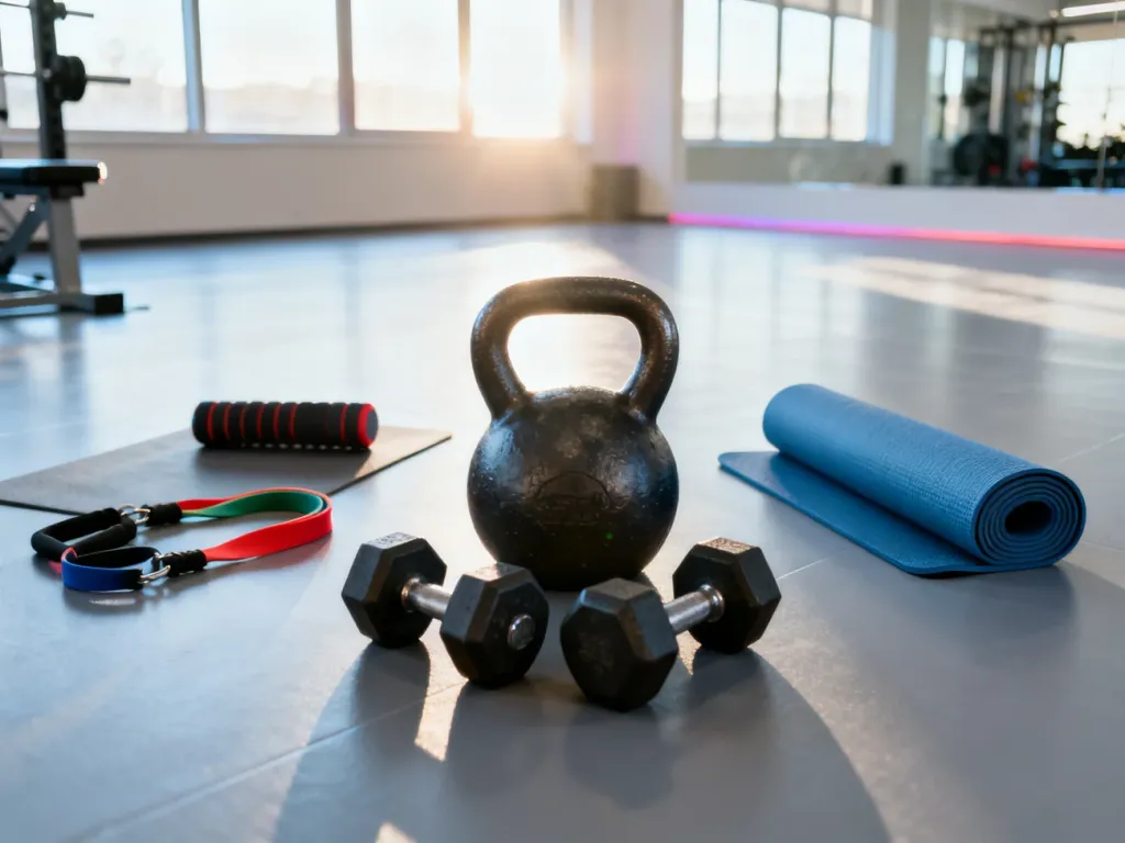 Zestaw sprzętu do ćwiczeń, w tym hantle, kettlebell, mata i gumy oporowe, ułożony na podłodze nowoczesnej siłowni.