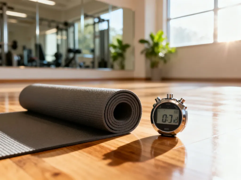 Mata do ćwiczeń i stoper na drewnianej podłodze w jasnym studiu fitness, gotowe do wykonania planka.