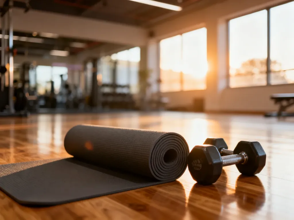Mata do ćwiczeń i hantle na drewnianej podłodze w słonecznym studiu fitness, zachęcające do treningu mięśni brzucha.