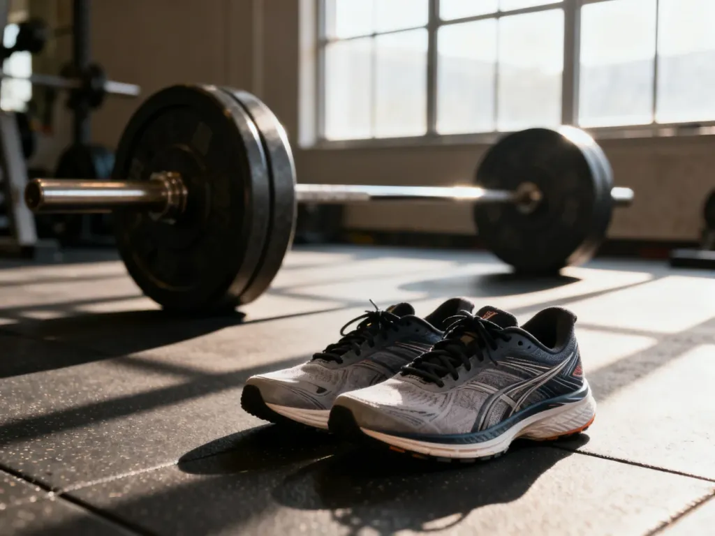 Buty do biegania na tle sprzętu siłowni, ilustrujące wybór między treningiem cardio a siłowym.