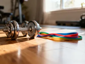 Ciężkie metalowe hantle leżące na podłodze profesjonalnej siłowni, gotowe do treningu barków.