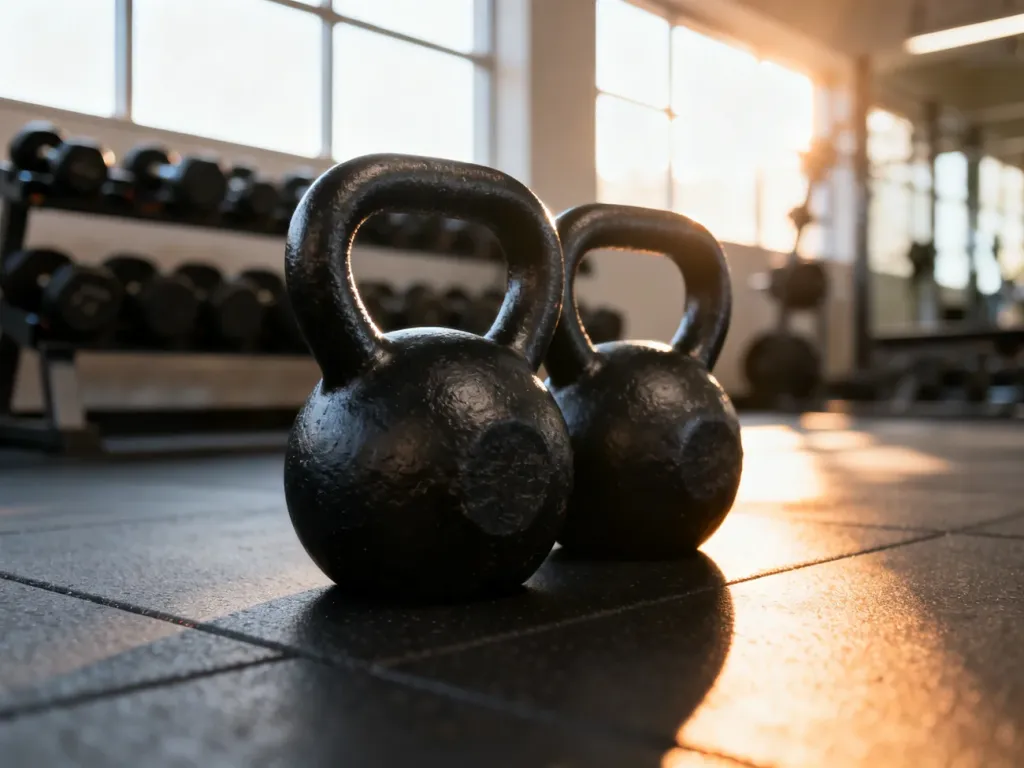 Dwa czarne odważniki kettlebell stojące na gumowej podłodze na siłowni, gotowe do treningu przysiadów sumo.
